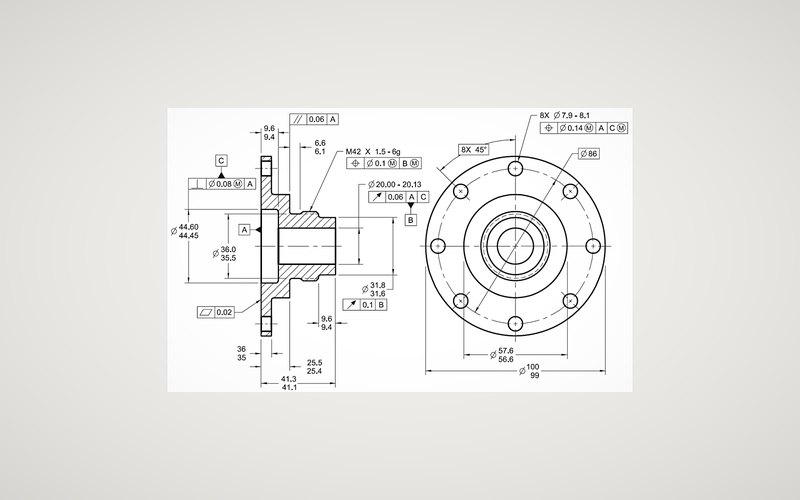 A dimensioned engineering drawing with geometric tolerances