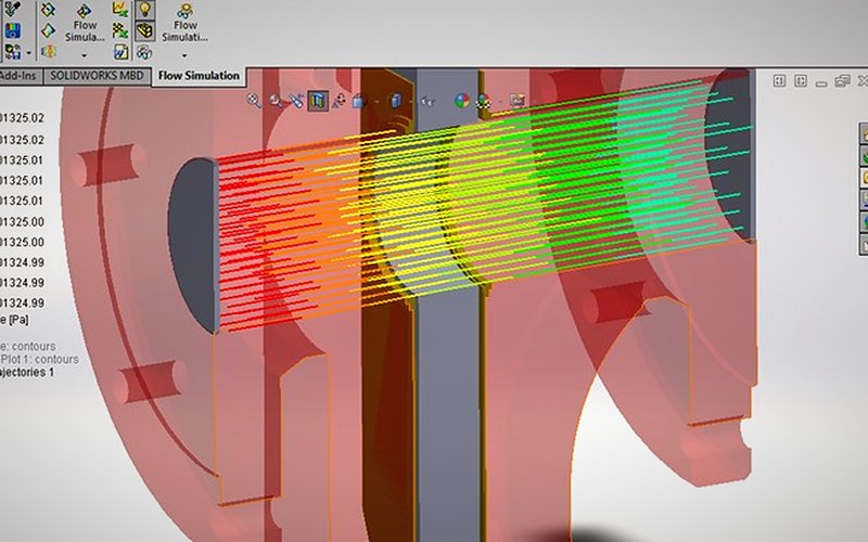 CFD results on a valve body, shown in a CAD session