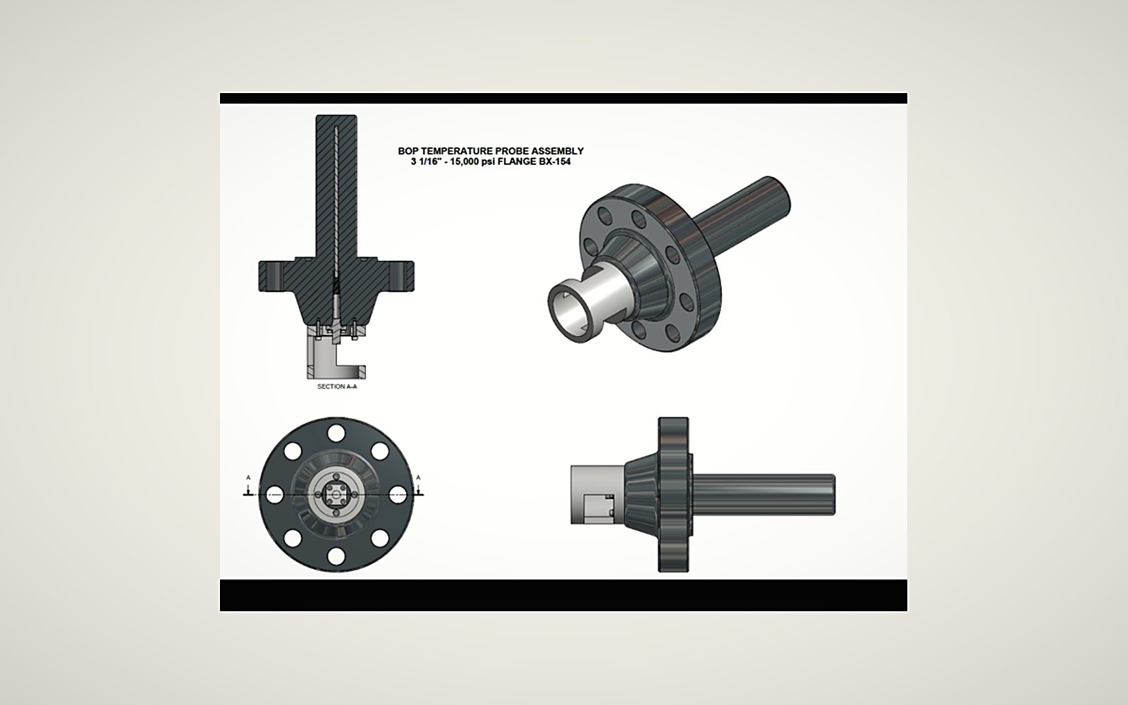 Engineering drawing of a wellhead temperature probe assembly with flange and sectioned views
